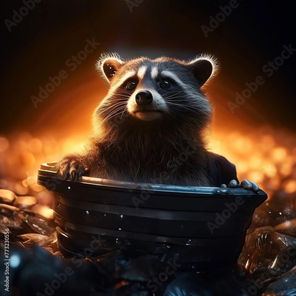Fototapeta A raccoon floats in a trash can lid turned UFO, hovering over an alley in search of treasures