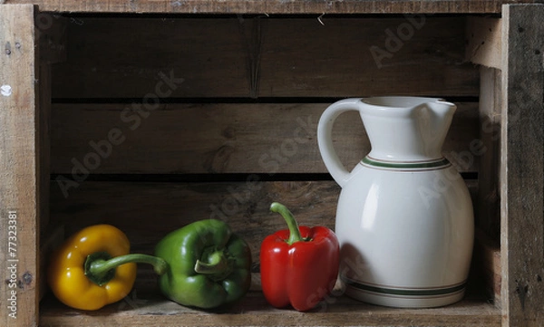 Obraz bodegon with a pitcher and three peppers