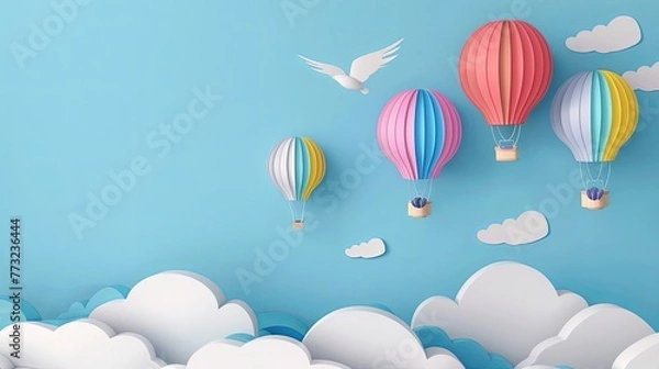 Fototapeta 3d paper cut style colorful hot air balloons flying in the sky with clouds background