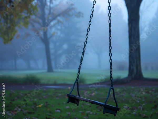 Fototapeta An empty wooden swing in a foggy park at dawn, conveying solitude and the stillness of nature