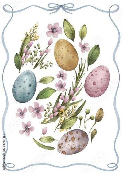 Fototapeta Easter eggs composition set of objects watercolor illustration