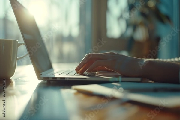 Obraz Silhouette of hands typing on laptop keyboard