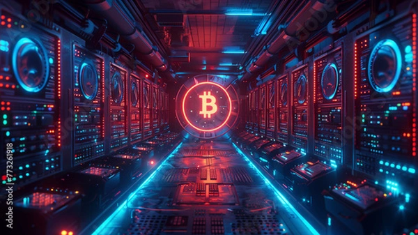 Obraz Futuristic cryptocurrency mining farm, with rows of GPU racks under cool blue lights, centered around a prominent, glowing Dogecoin symbol