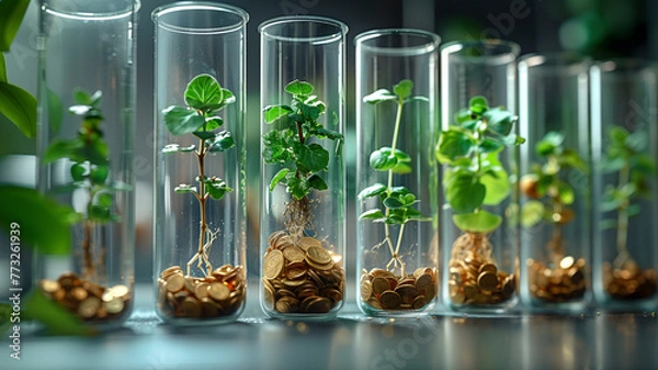 Fototapeta Graduated test tubes lined up, each containing a different number of gold coins and a sprout growing out, illustrating the concept of compound interest