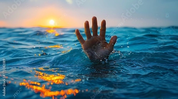 Fototapeta Single hand of drowning man in sea asking for help Sinking person hand AI generated