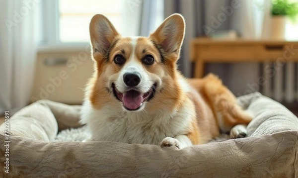 Fototapeta An adorable dog lies comfortably in a snug dog bed, emphasizing the pet's relaxation and comfort