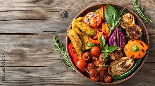 Obraz Colorful Plate of Grilled Vegetables on Wooden Table