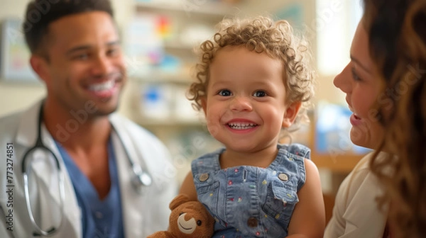 Obraz An adorable child beams with joy between his smiling parents, one a doctor, symbolizing trust and love in healthcare. Child comes to see the doctor. Receive the vaccine according to appointment.