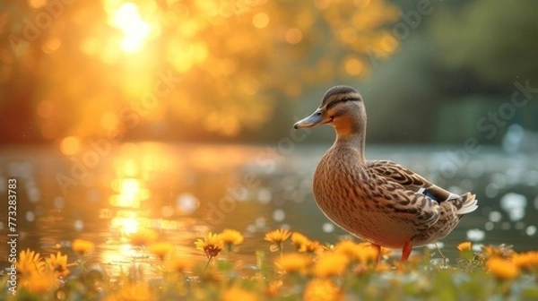 Fototapeta   A tight shot of a duck by a water body, adorned with flowers in the foreground and the sun shining in the backdrop