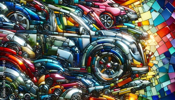 Fototapeta A colorful and stylish abstract artistic reflective glass mosaic, created from squished cars from a junkyard