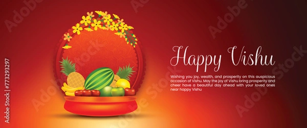 Fototapeta vishu festival of kerala new year (vishukkani) poster, card, banner, design with red and green background. Happy Vishu greetings. 
