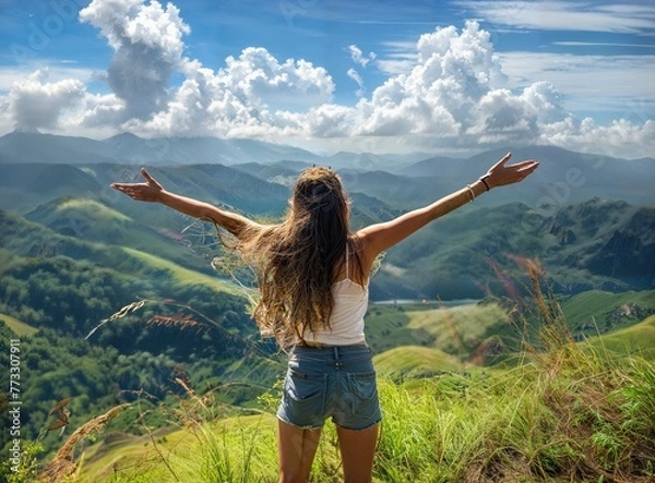 Fototapeta Freedom girl with raised wide open hands up on a background of mountains.
