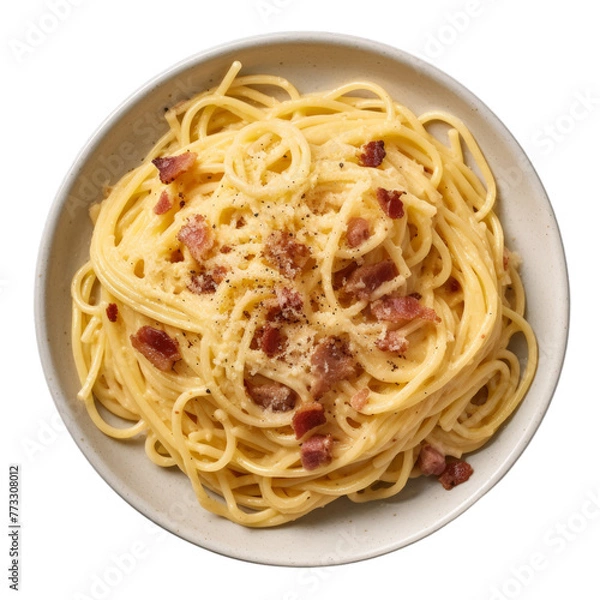Fototapeta Delicious pasta carbonara on a plate seen from above isolated on a transparent background