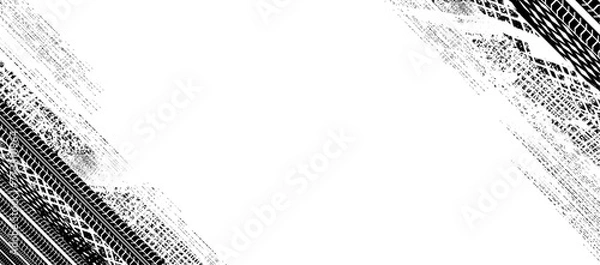 Fototapeta Isolierte Vektor Texturen Hintergrund - Reifenspuren Reifenprofile mit abgenutztem Effekt - Motorsport - Design Element Vorlage - Schwarze Reifenprofile