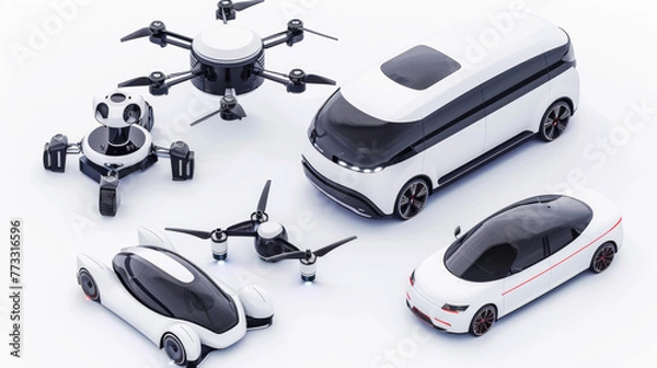 Fototapeta Autonomous vehicles and drones , isolated on a white background