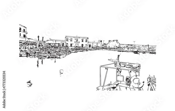 Fototapeta Print Building view with landmark of Rethymno is a city in Greece. Hand drawn sketch illustration in vector.