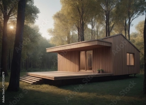 Fototapeta Holiday apartment - wooden cottage in forest in early spring with green grass on back yard and forest in background