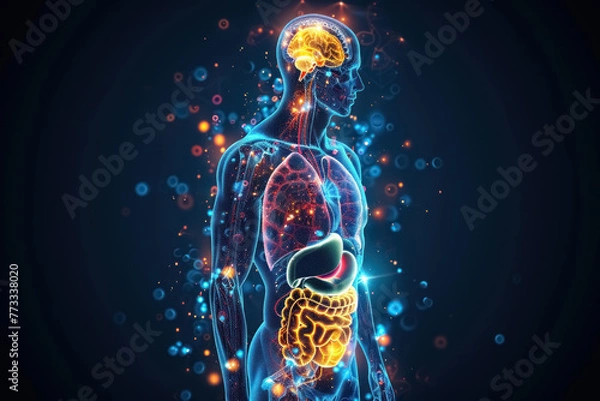 Fototapeta human anatomy with glowing organs showcasing brain, heart, liver, and intestines on dark background