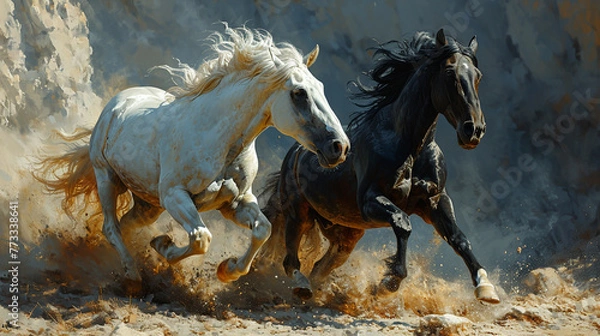 Obraz white and black horse running