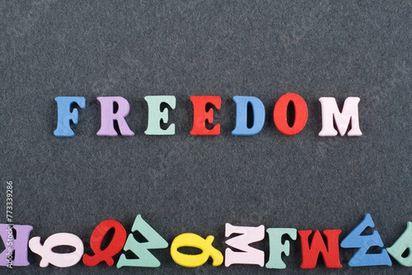Fototapeta FREEDOM word on black board background composed from colorful abc alphabet block wooden letters, copy space for ad text. Learning english concept.