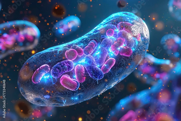 Fototapeta vibrant microscopic view of mitochondria within a cell, illuminated biological illustration