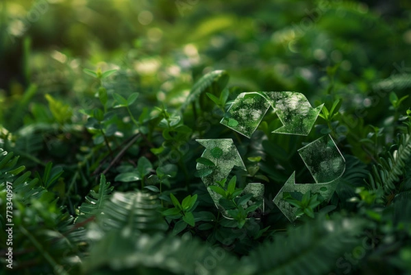 Fototapeta Recycling symbol on a forest background 