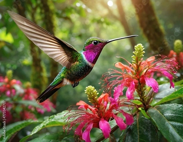 Fototapeta A hummingbird bird feeds on sweet nectar from a pink flower bloom. Generated with AI
