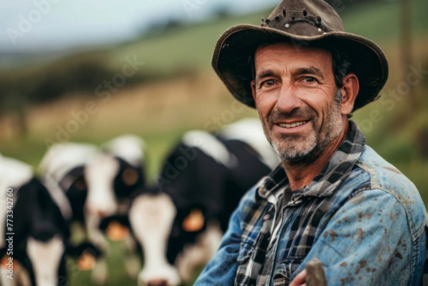 Fototapeta A man wearing a cowboy hat and a plaid shirt is sitting in front of a herd of cows. a farmer man in a field, cows background