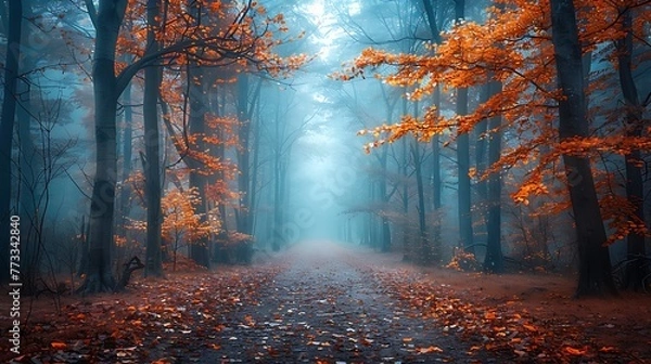Fototapeta Road in mystical foggy forest in blue fog in autumn nature background scenery AI generated