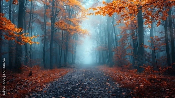Fototapeta Road in dreamy mystical foggy forest in blue fog in autumn nature background AI generated