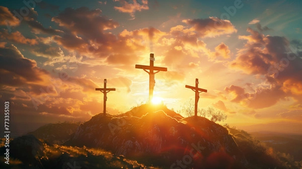 Fototapeta Three crosses stand on Mount Golgotha under a dramatic sunset, centralizing Jesus with thieves on each side, evoking Easter's solemnity and spiritual reflection.
