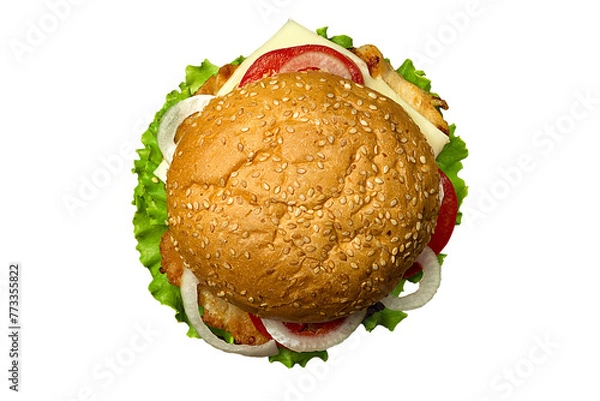 Fototapeta Delicious Hamburger with cheese, tomatoes and lettuce, Top view. Fast Food meal. PNG Design Element.