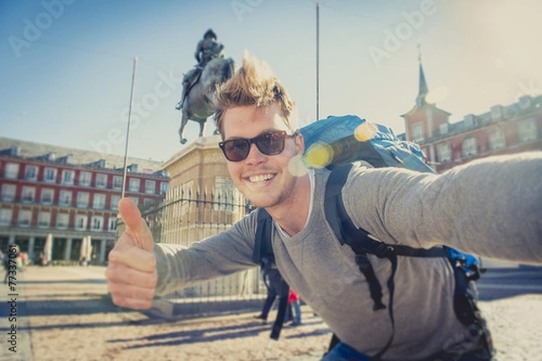 Obraz student backpacker tourist taking selfie photo with mobile phone