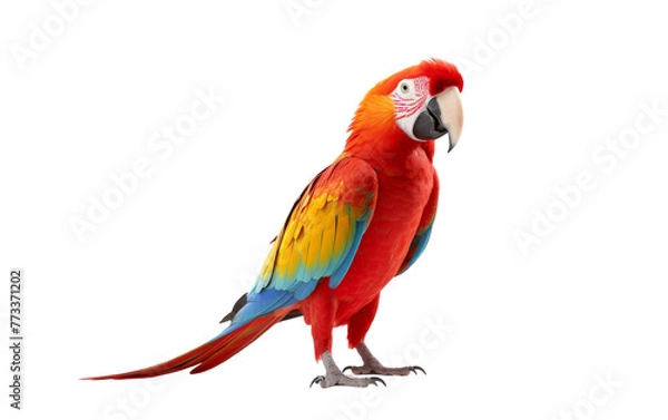 Obraz A vibrant, colorful parrot stands gracefully on a white background