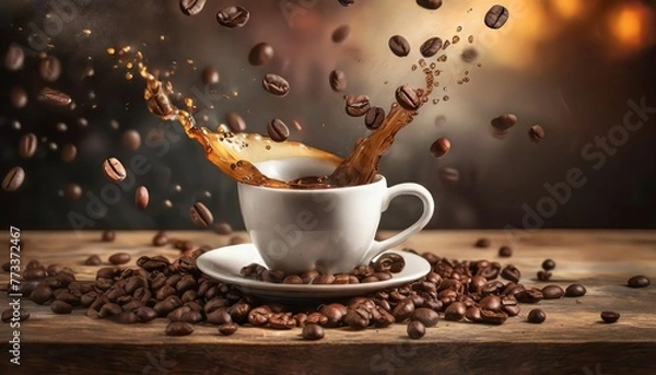 Fototapeta A cup of coffee on a table, coffee beans floating into the cup with a splash of coffee. Advertising concept