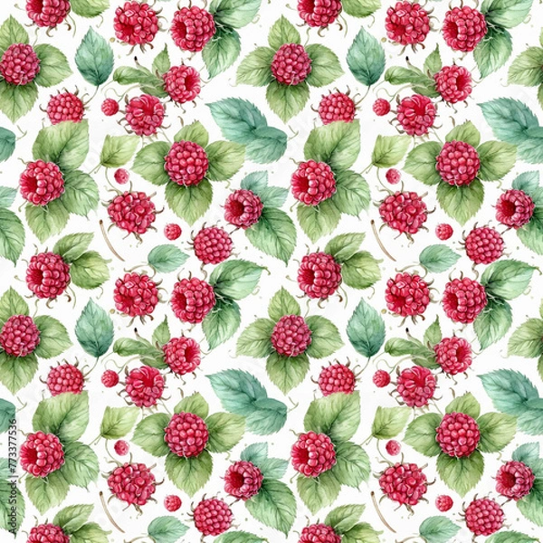Fototapeta Seamless floral pattern with raspberries on a white background