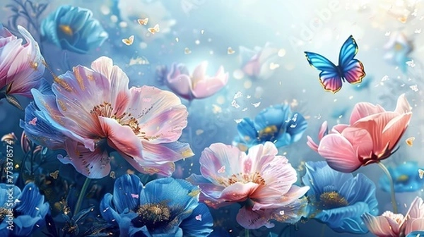 Obraz colorful blue tropical morpho butterflies on delicate daisy flowers painted with oil paint