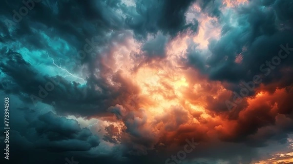 Obraz Dramatic stormy sky with dark clouds and lightning, sun peeking through, weather background