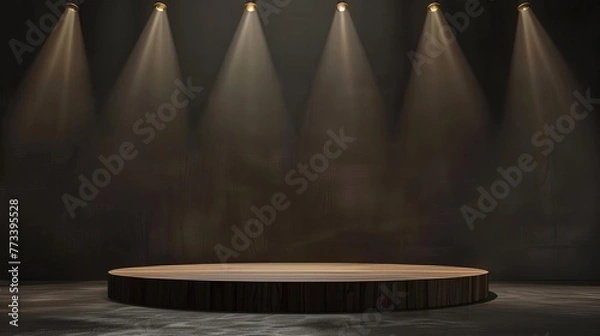 Obraz Empty wooden product display podium with spotlights, dark abstract background illustration