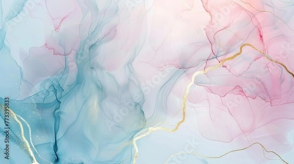Fototapeta Ethereal abstract watercolor background, soft pastel pink and blue with golden lines, fluid marbled texture