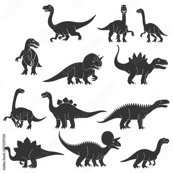 Fototapeta Dinosaur silhouettes set isolated on white background. Vector illustration