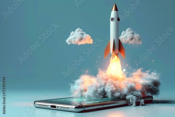 Obraz Rocket Bursting Forth from Smartphone Screen Symbolizing Digital and Rapid Technological Progress