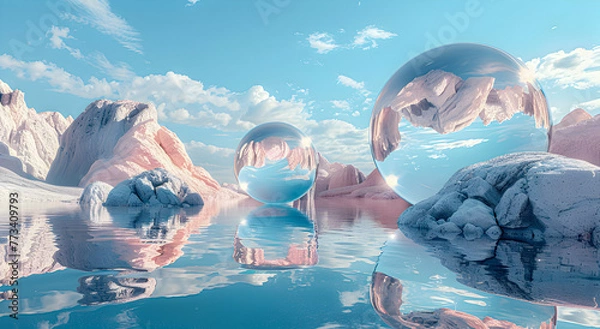 Obraz Panoramic background with round mirrored geometric figures among lakes and rocks.