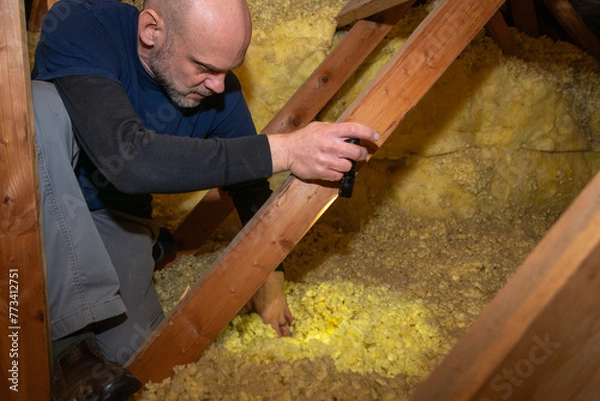 Obraz Home inspector inspecting condition of home attic and finding moisture on the ceiling.