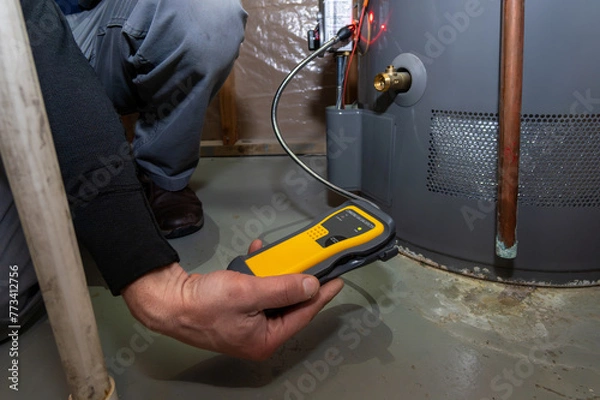 Obraz Home Inspector searching and using UEFI carbon monoxide detector to test basement gas furnace.