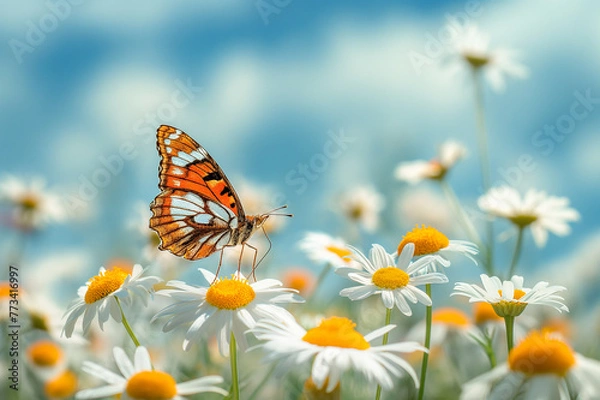 Fototapeta Butterfly on a chamomile flower in a vibrant field. Nature's pollination and summer bloom concept ,generative ai