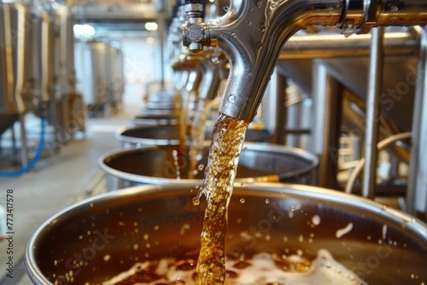 Fototapeta Craft Brewery Process: The brewing process in a craft beer brewery. Beer tap filling kegs in a brewery, highlighting the art of beer crafting. Fresh beer being tapped into barrels
