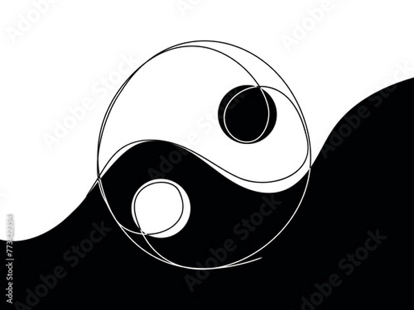 Fototapeta Yin and yang sketch. One line continuous hand drawing. Outline, line art vector illustration.