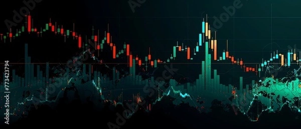 Fototapeta Creative stocks trading candlestick forex chart on black backdrop. Business, finance, growth and trade concepts. 3D Rendering.