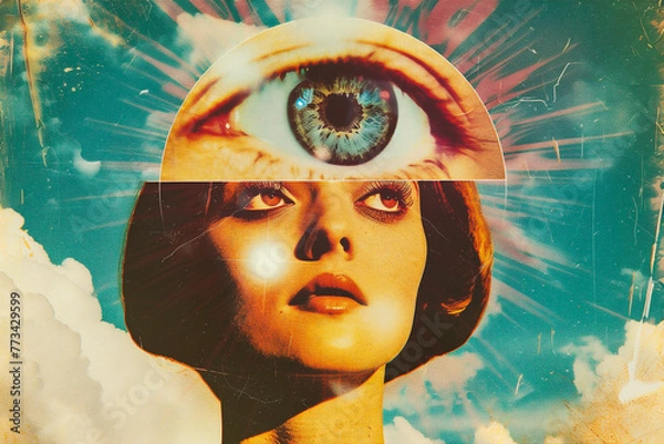 Obraz Double exposure of beautiful woman's face and sky background. Collage